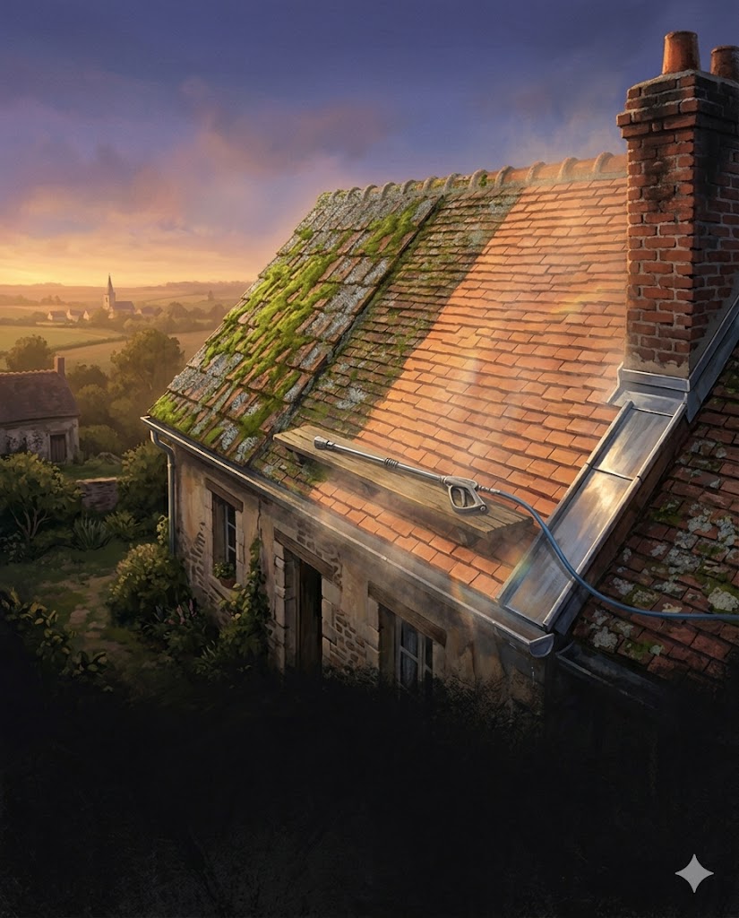 Demoussage toiture — illustration matte painting Bouvier Couverture Ramonage
